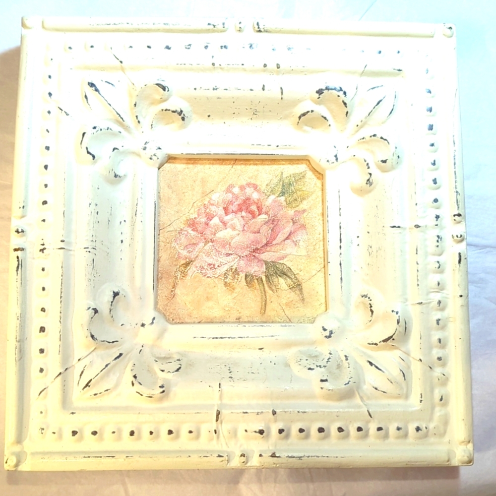 Peony & Hydrangea Shabby Chic Faux Tin Wall Decor – Pair – 12.5" x 12.5"